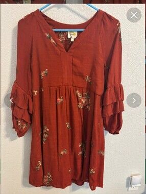 Fig and Flower Sz Small Heavily Embroidered Rust Red Floral V-Neck Dress